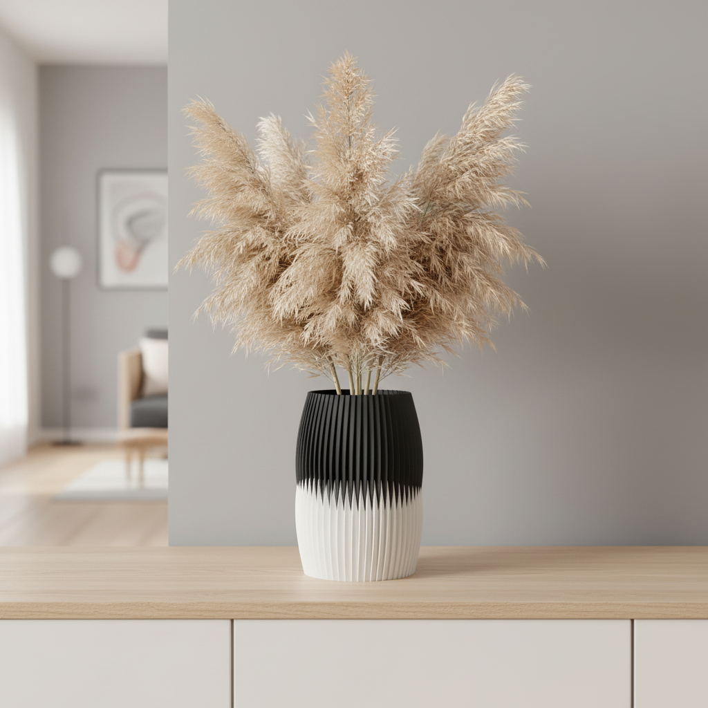 Black-top interlocking fluted vase with a white bottom on a pale oak console