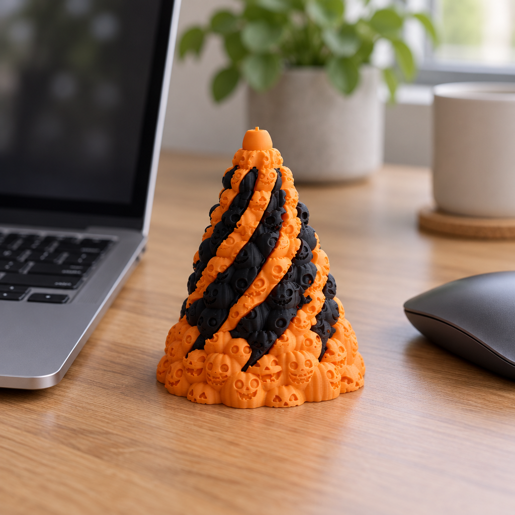 Orange and black Skull Mountain fidget beside a laptop in a tidy workspace