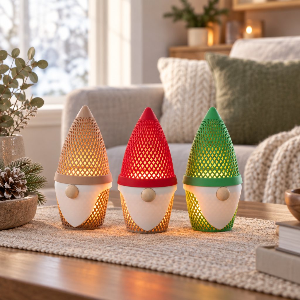 Three Christmas gonk tealight holders arranged on a coffee table in a neutral living room