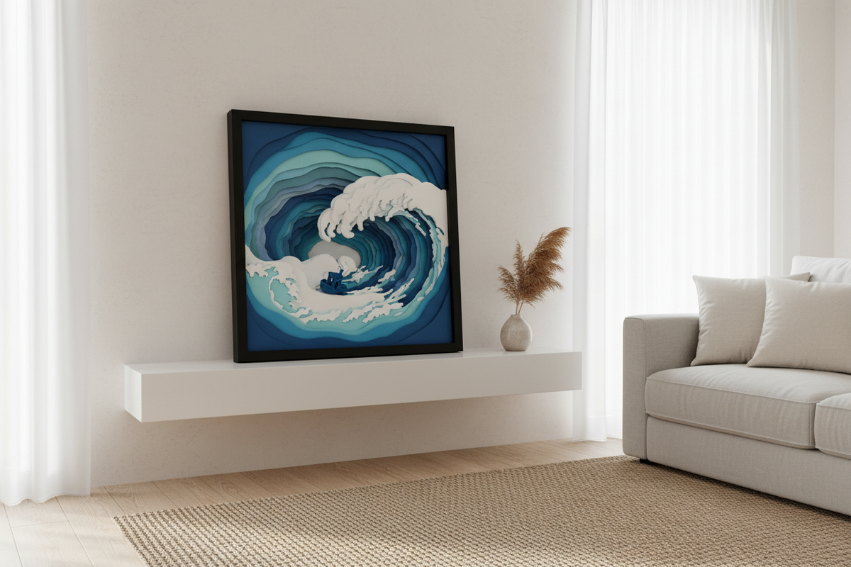 Ocean Voyage Shadow Box displayed on a minimalist white shelf in a modern living room