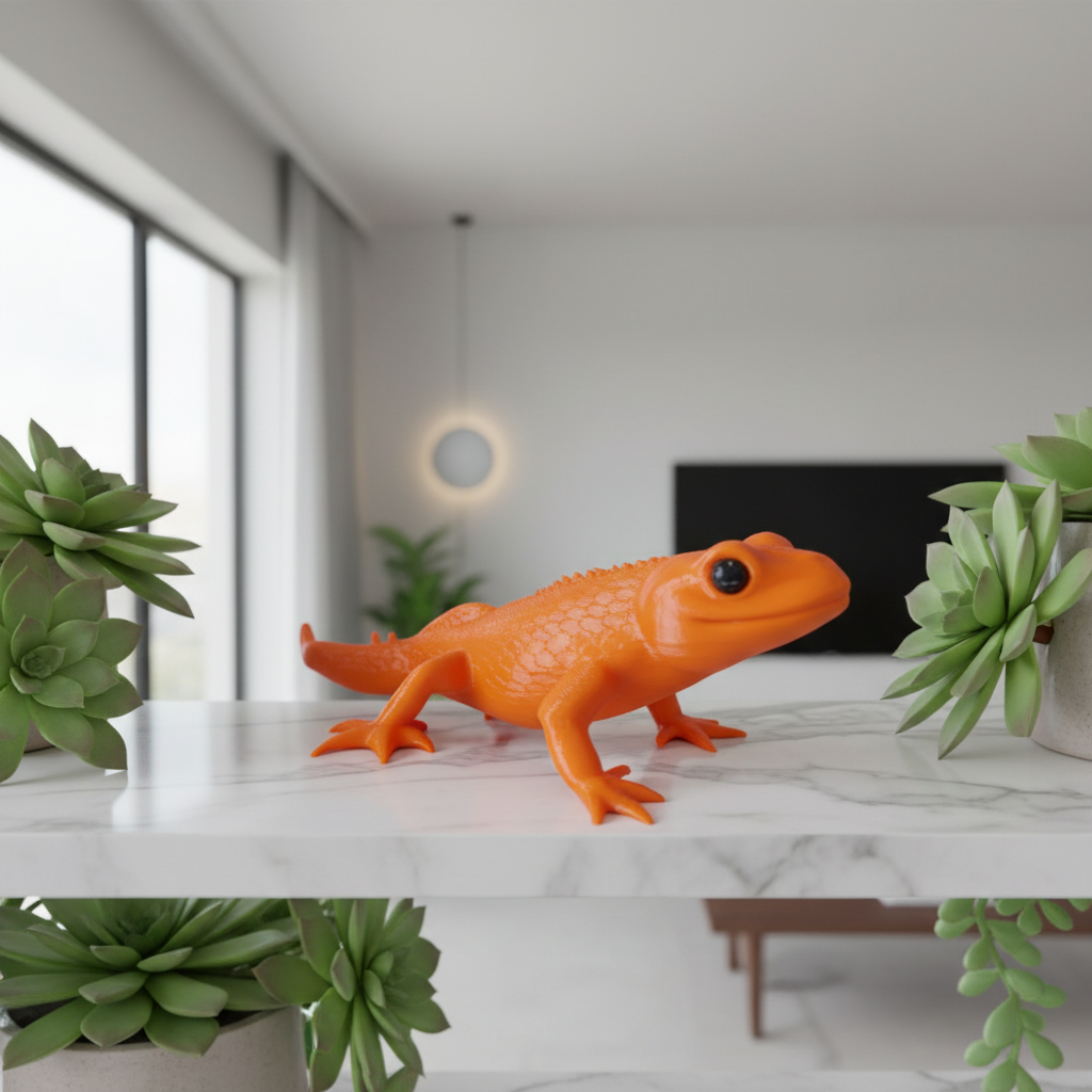 Tiny Legend Gecko-Dragon Figurine - orange colourway on marble shelf in living room