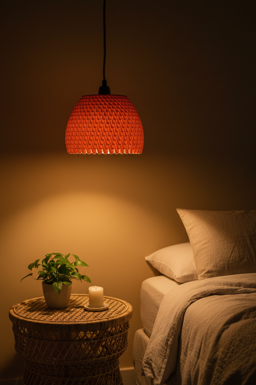 Terracotta staggered lampshade above rattan bedside table boho bedroom - lifestyle