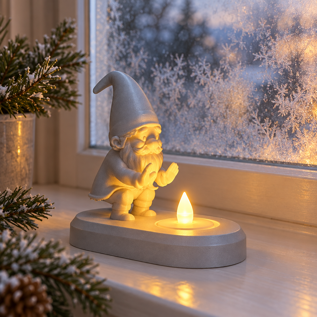Silver Santa tealight holder beside a softly frosted window