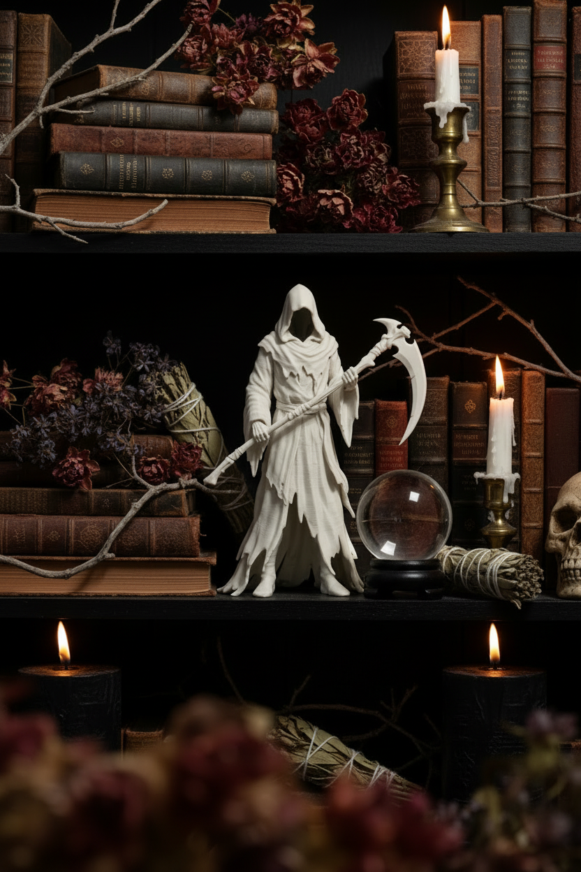 Grim Reaper figure on occult altar shelf with crystal balls and black candles