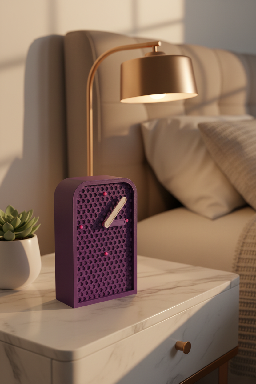 Purple clock on marble bedside table - lifestyle