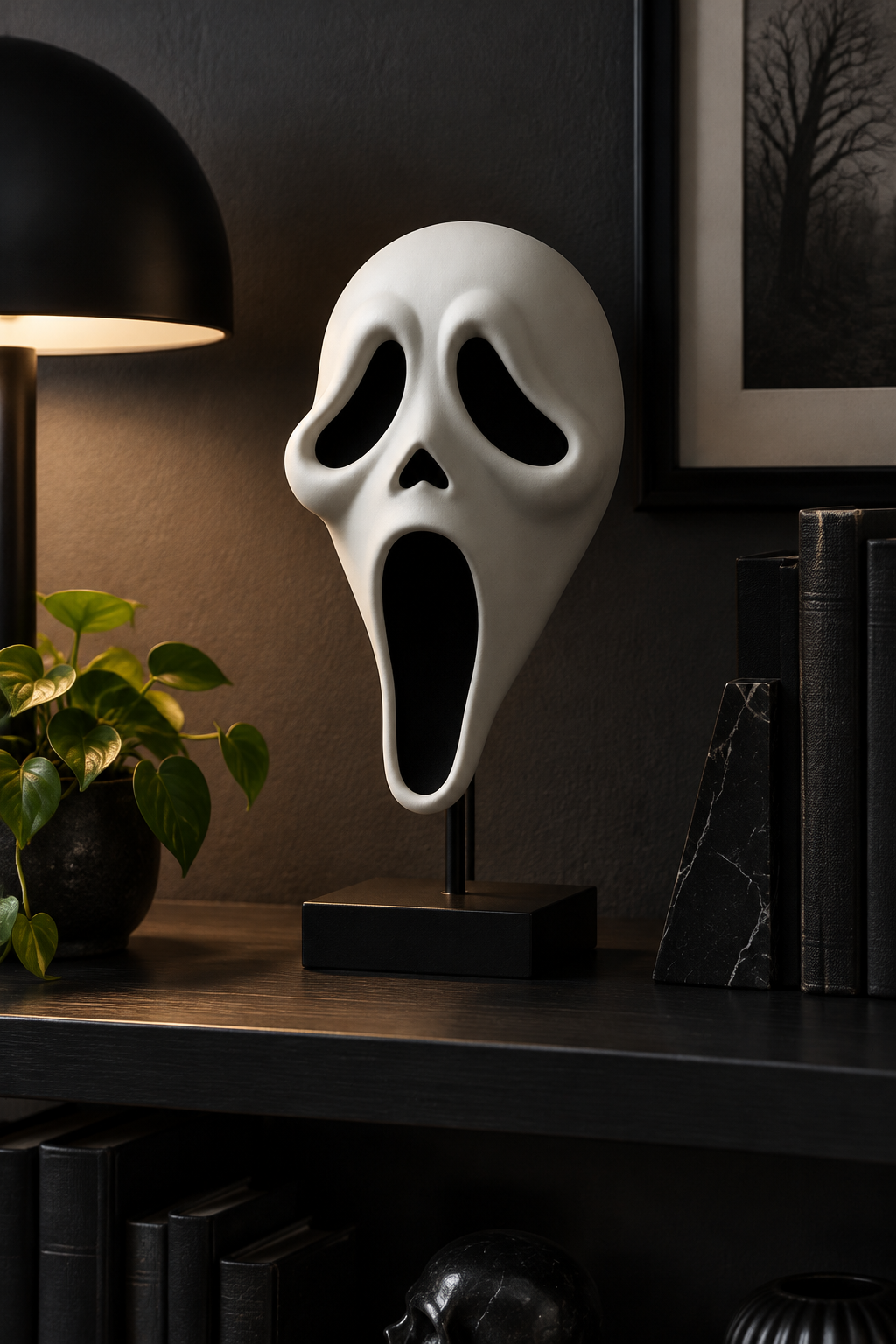 White Ghostface Mask on a modern home office shelf
