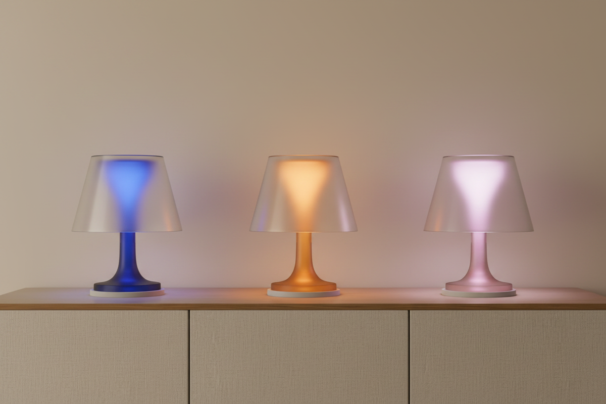 Three Modern Ambient Table Lamps deep blue warm orange soft pink glowing translucent tapered shade slim stem round base pale linen sideboard cream wall contemporary living room soft evening light wide editorial landscape