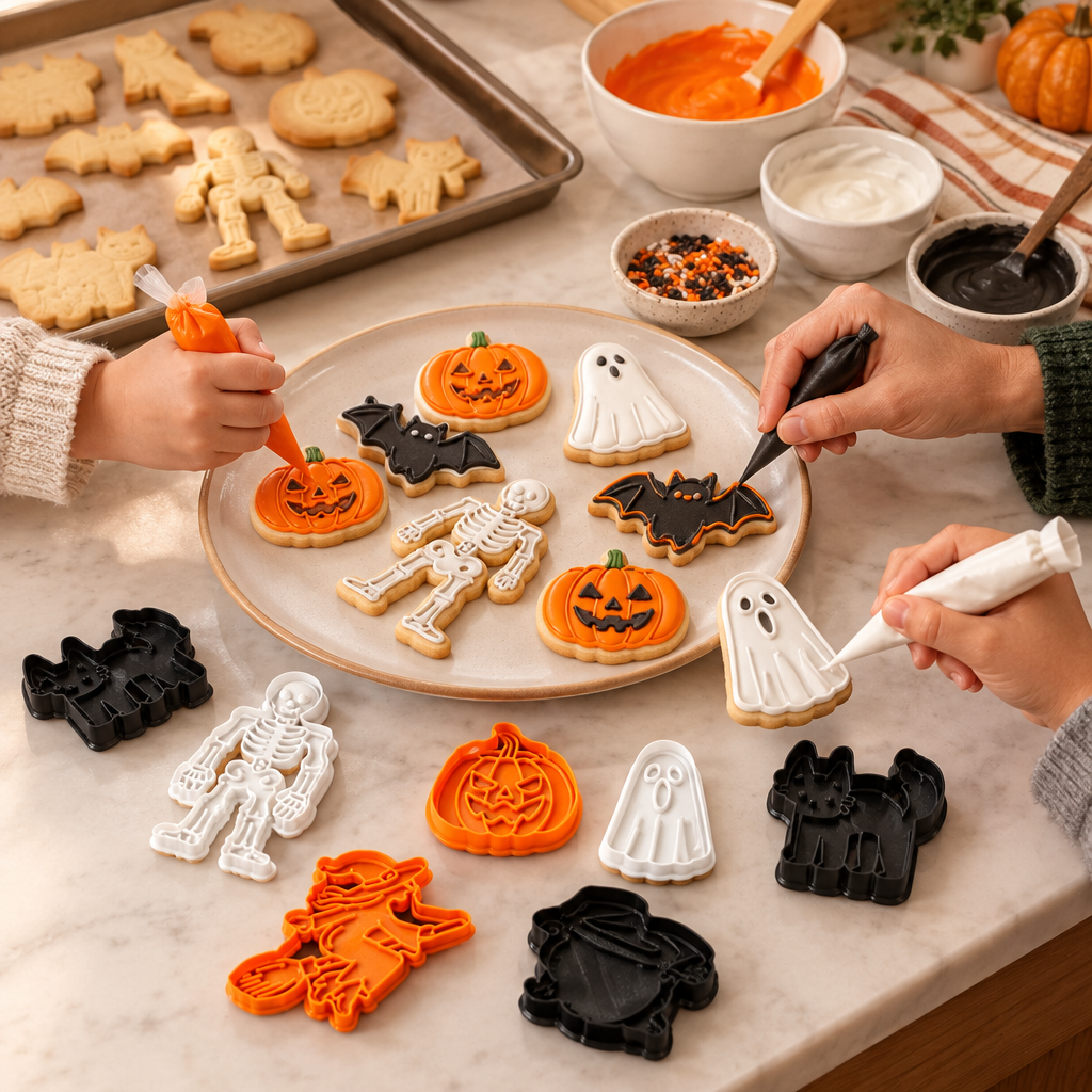 Hands decorating ghost, bat and pumpkin biscuits with the matching cutters around them