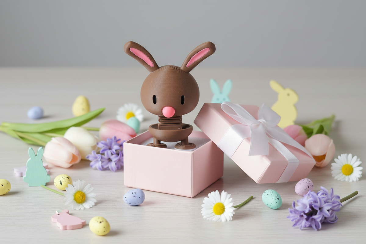 Bunny Springie 3D printed Easter figure presented as a gift in a pastel pink gift box with white ribbon and Easter decorations