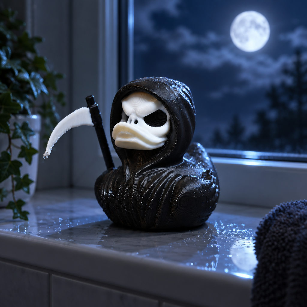 Grim Reaper bath duck displayed on a bathroom windowsill in moonlit evening light
