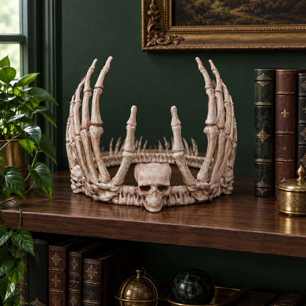 Skeleton Crown displayed on a shelf in a gothic-inspired home office