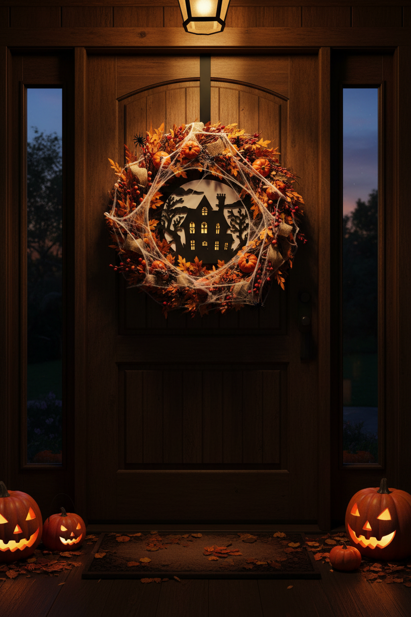 Haunted house decoration hung on dark wooden front door as Halloween door wreath lifestyle