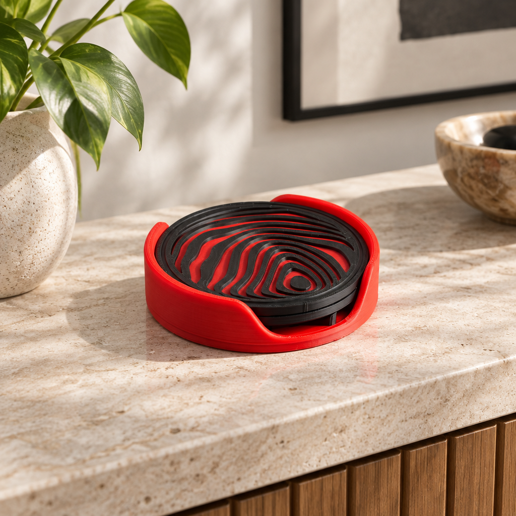 Coasters in red stand on stone sideboard