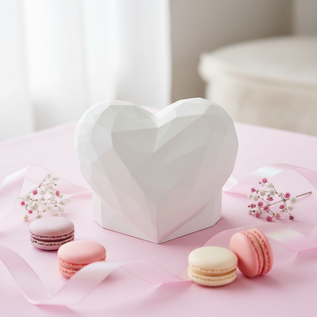 Heart-Shaped Low-Polygon Gift Box in white — closed on pastel pink surface with macarons and flowers