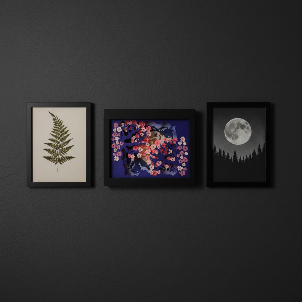 Sakura Cherry Blossom Shadow Box displayed on a dark gallery wall alongside botanical and nature prints