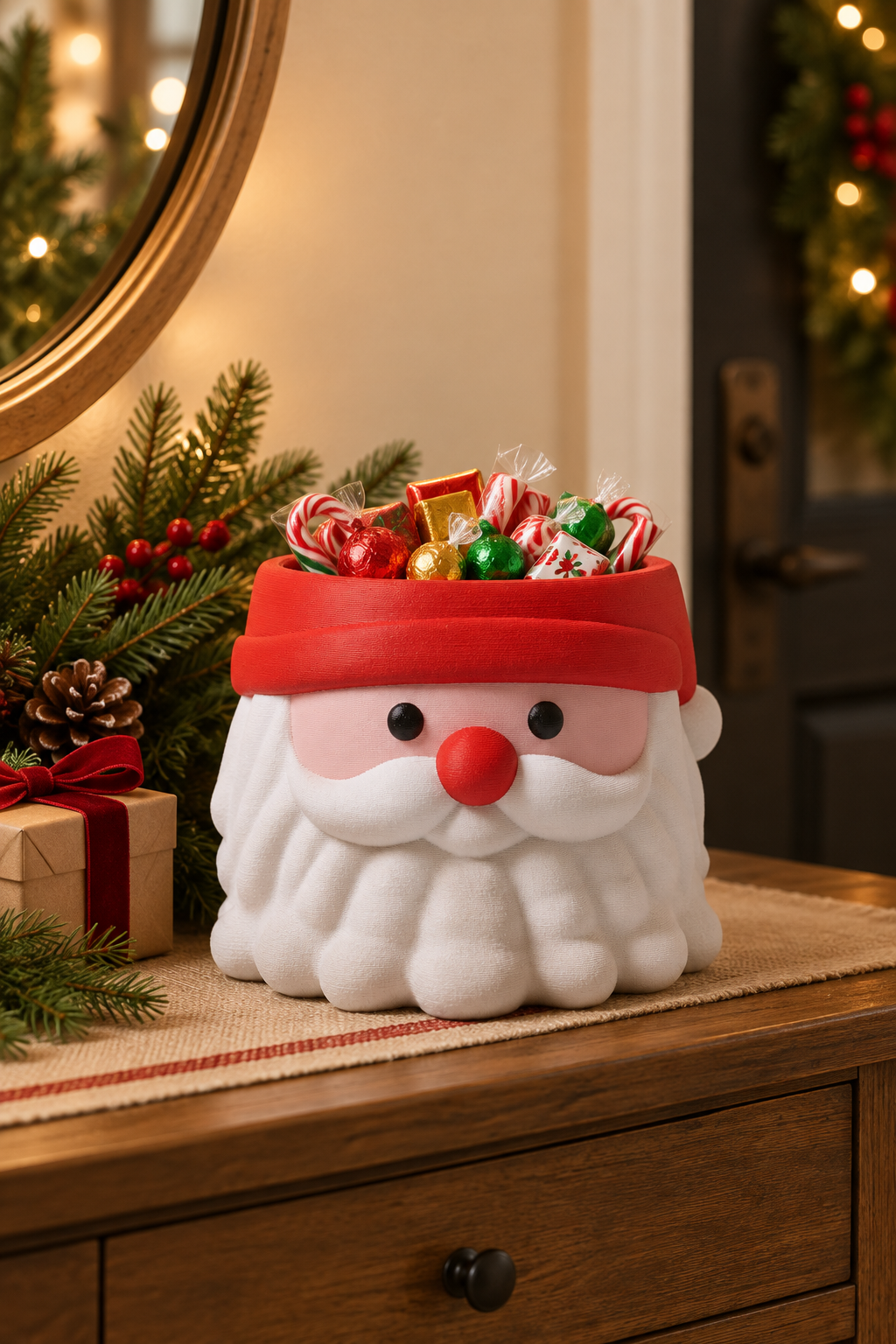 Santa Head sweet bowl styled with greenery and a gift on a Christmas entryway console