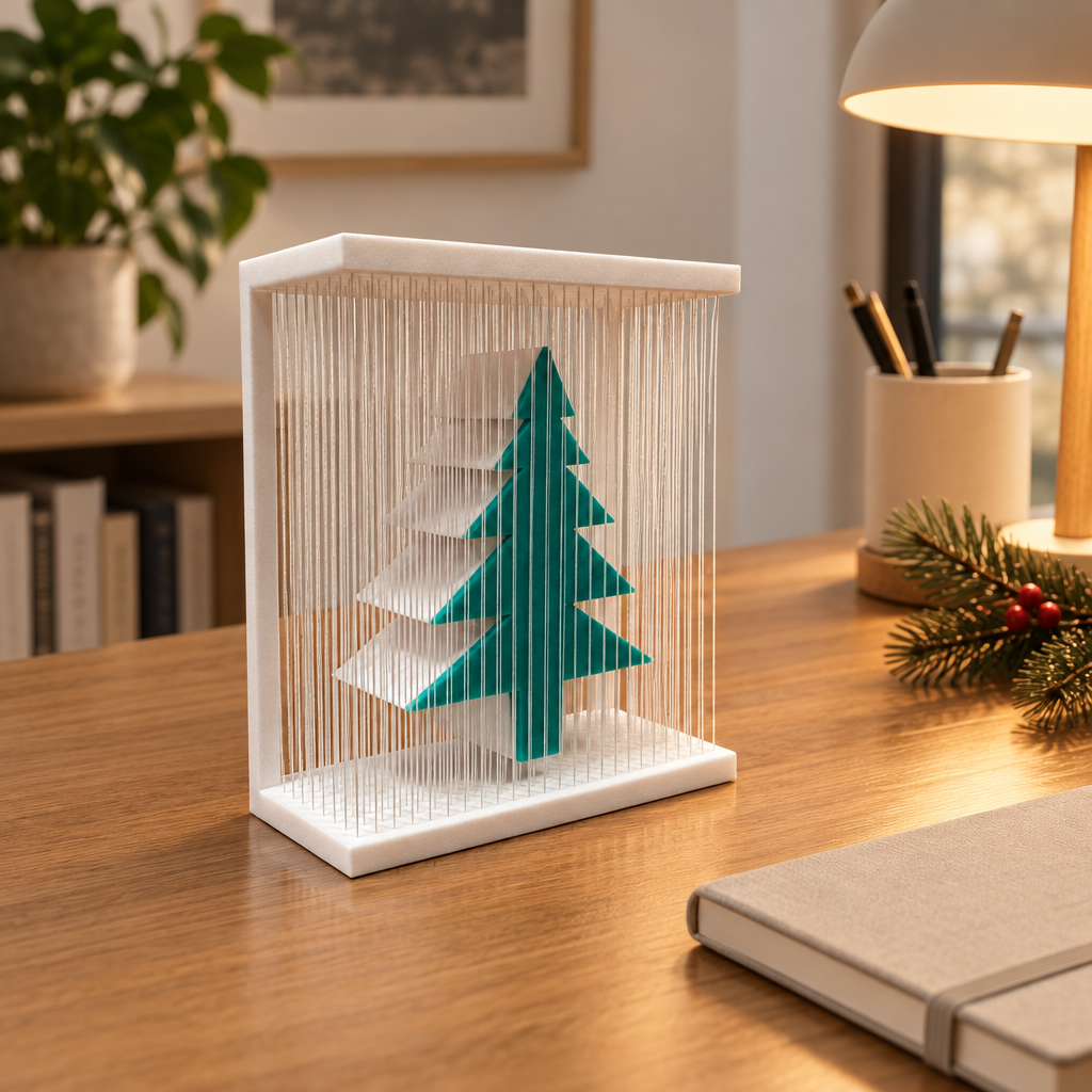 White framed teal Christmas tree display styled on a modern home-office desk.