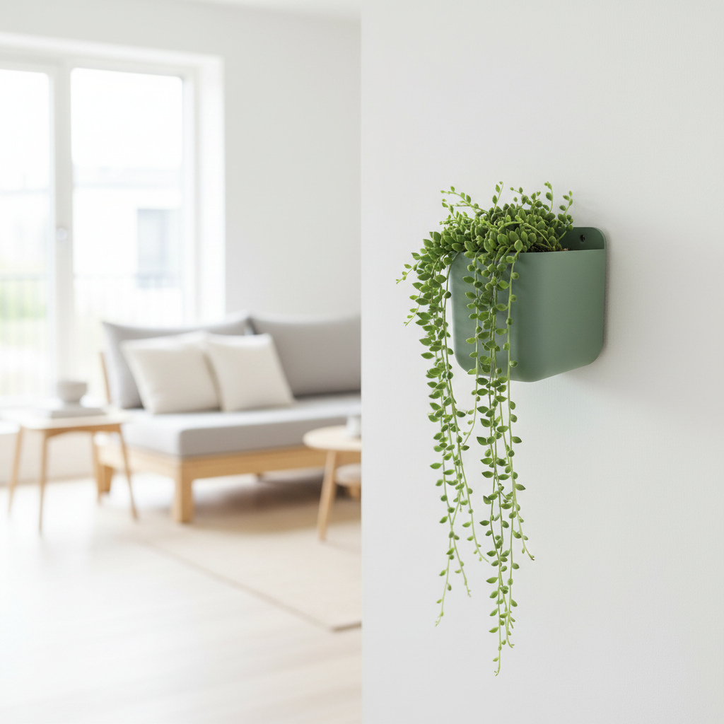 Sage green wall planter with trailing string of pearls on white wall in Scandinavian living room