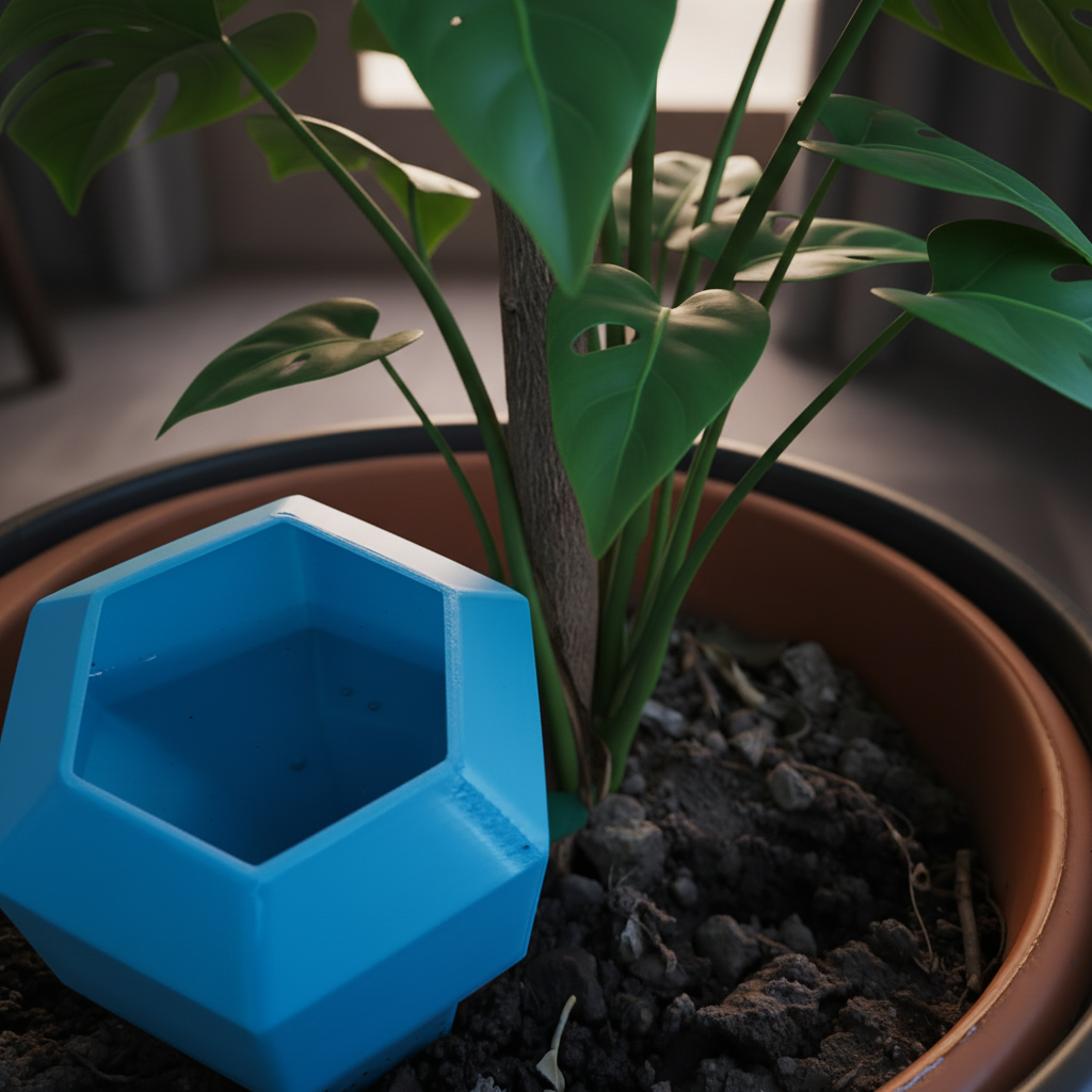 Hexagonal Plant Watering Spike - blue colourway in dark pot with tropical indoor plant