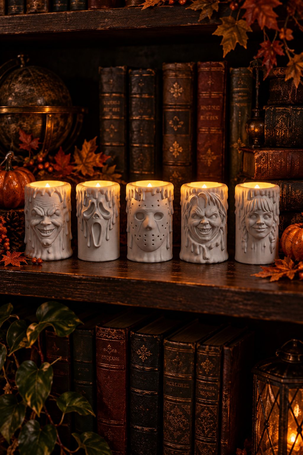 Five face-carved horror tealight holders displayed together on a dark bookshelf with autumn accents