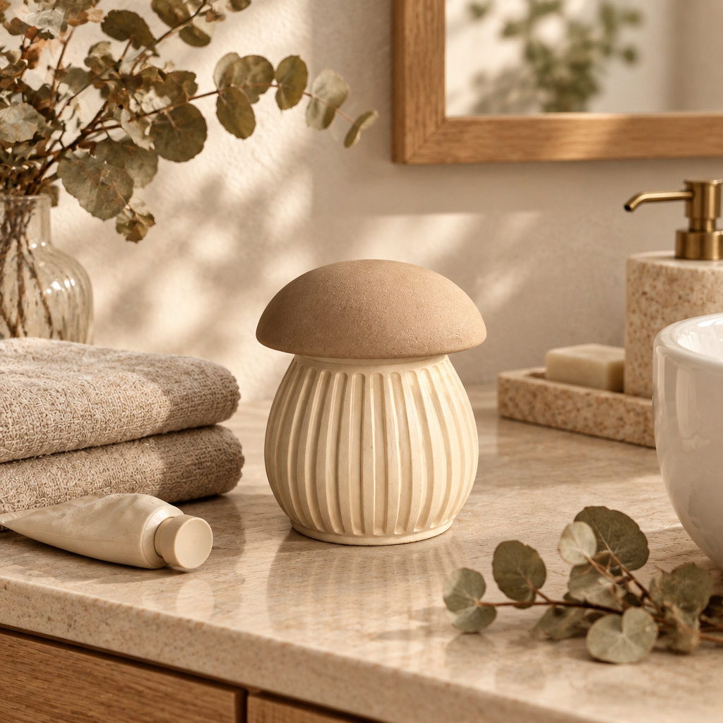 Beige ribbed mushroom container on a bathroom vanity