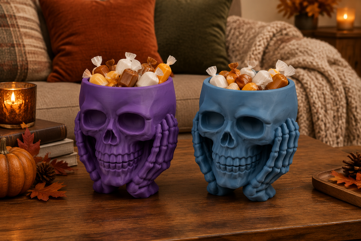 Purple and blue skull sweet bowls held by sculpted hands on a living room coffee table