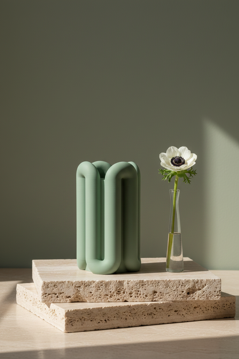 Sage green Wibble vase on travertine slabs with white anemone minimal contemporary lifestyle