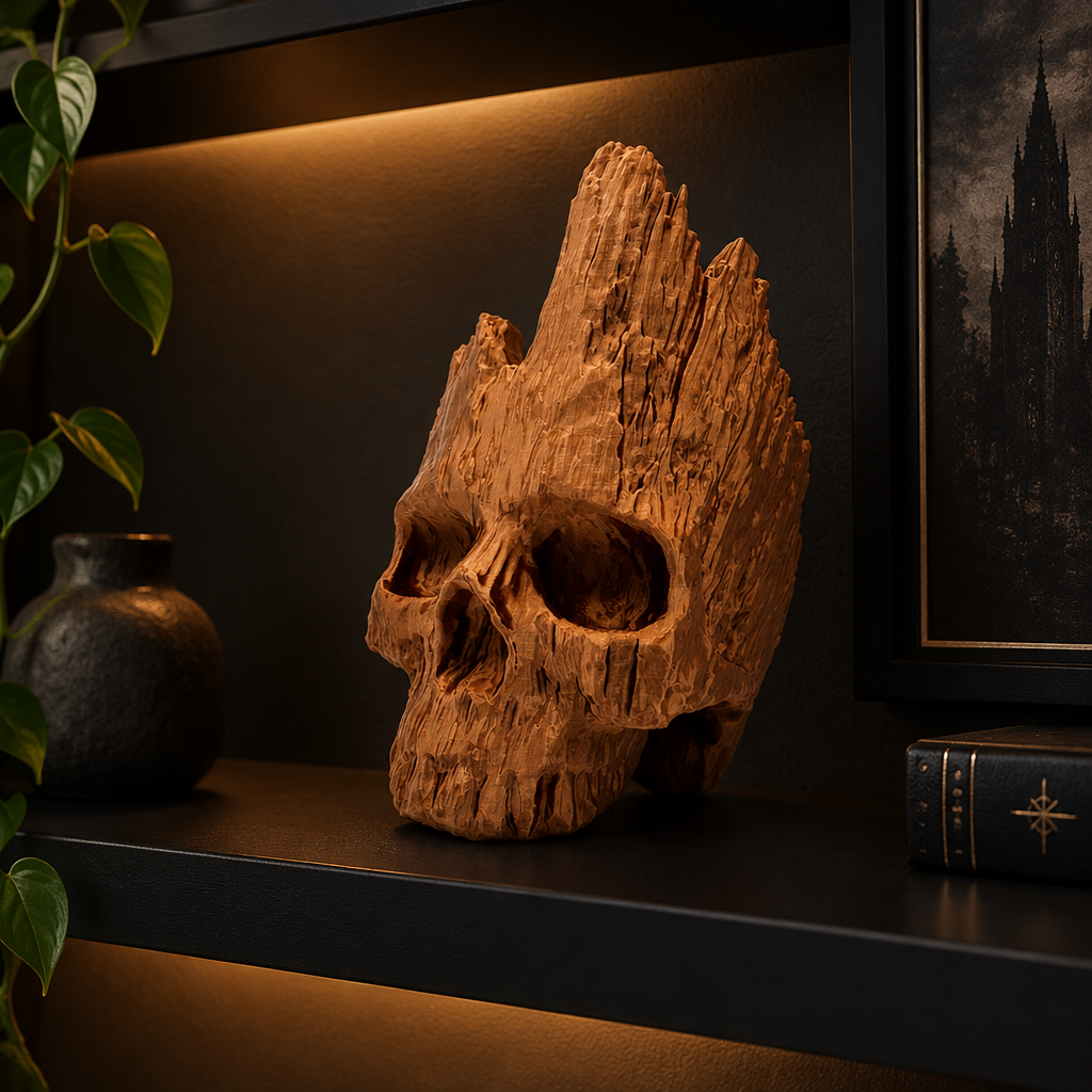 Wood-effect skull displayed directly on a matte black shelf in a modern gothic living room