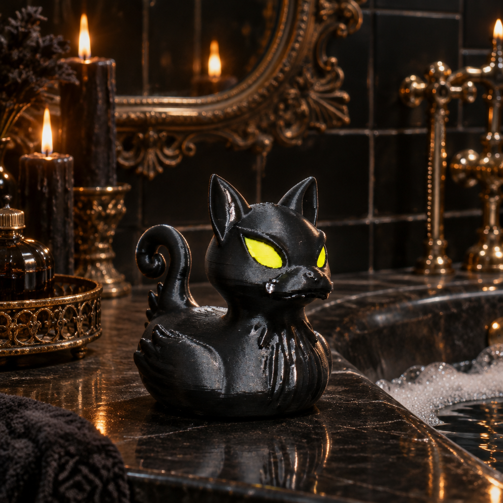 Glossy black cat bath duck in an elegant dark-tiled gothic bathroom