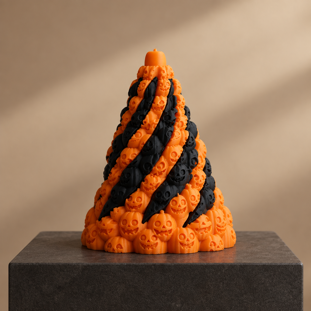 Orange and black Skull Mountain fidget on a charcoal display plinth