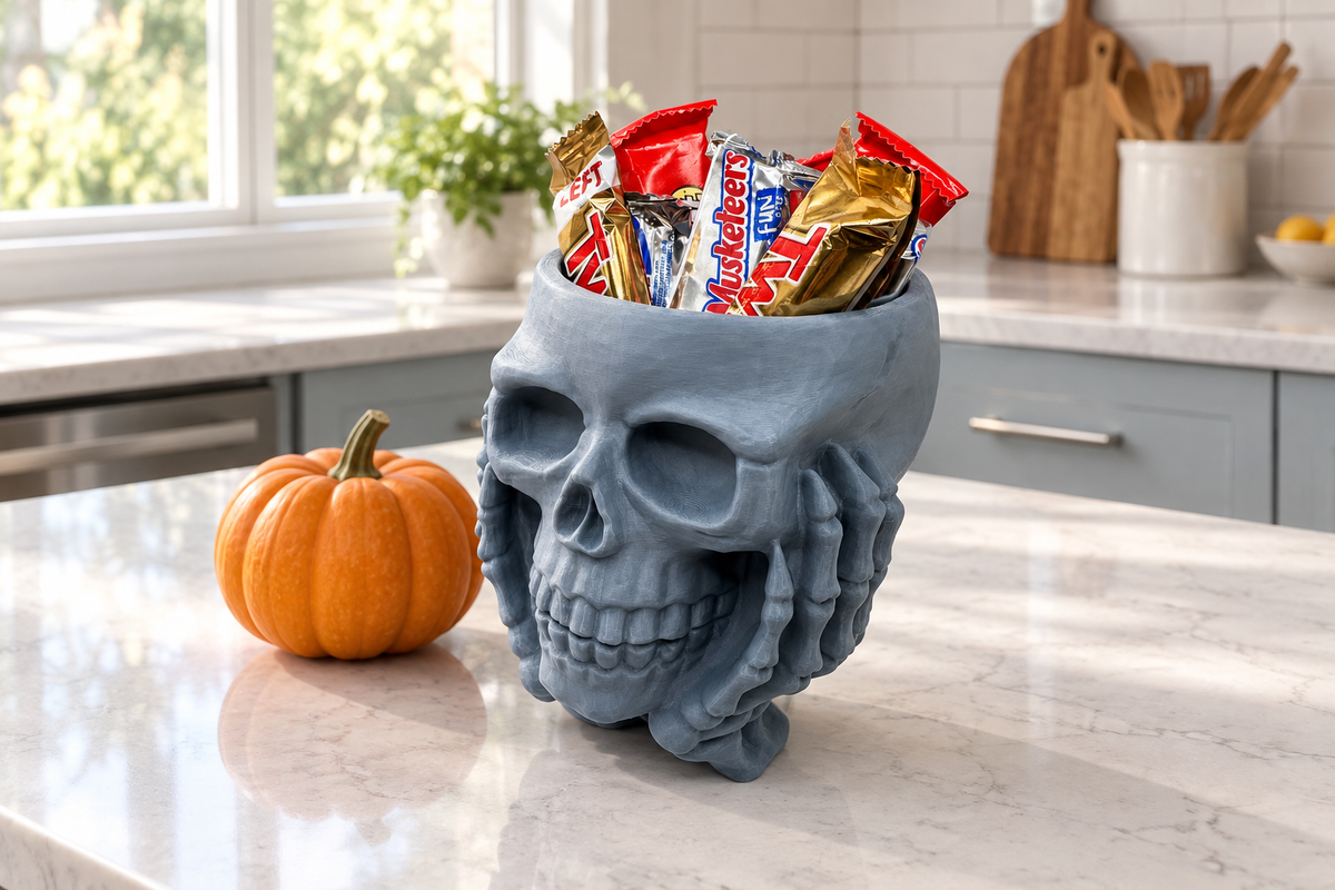 Grey skull sweet bowl held by skeletal hands on a bright kitchen island with wrapped treats