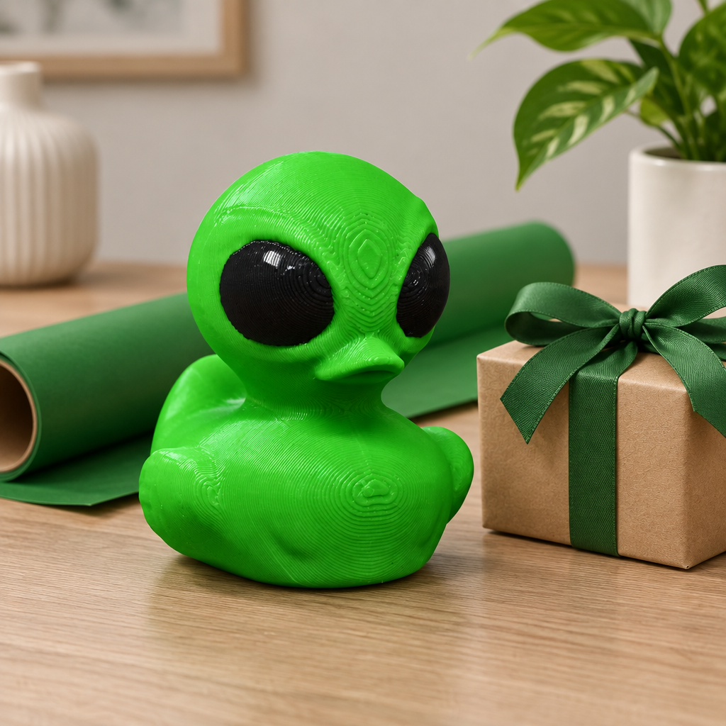Bright green alien bath duck presented as a quirky gift