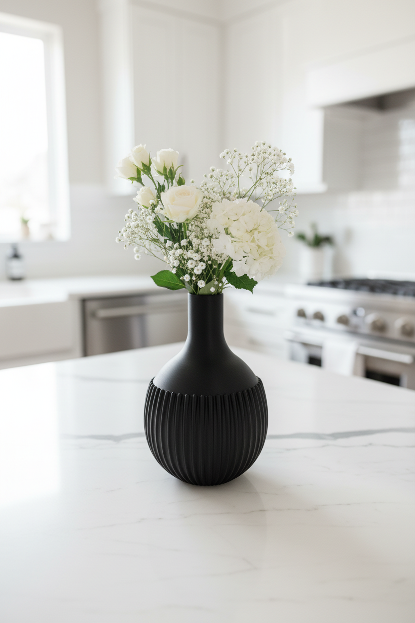 Ribbed Design Vase on a marble kitchen countertop with white flowers