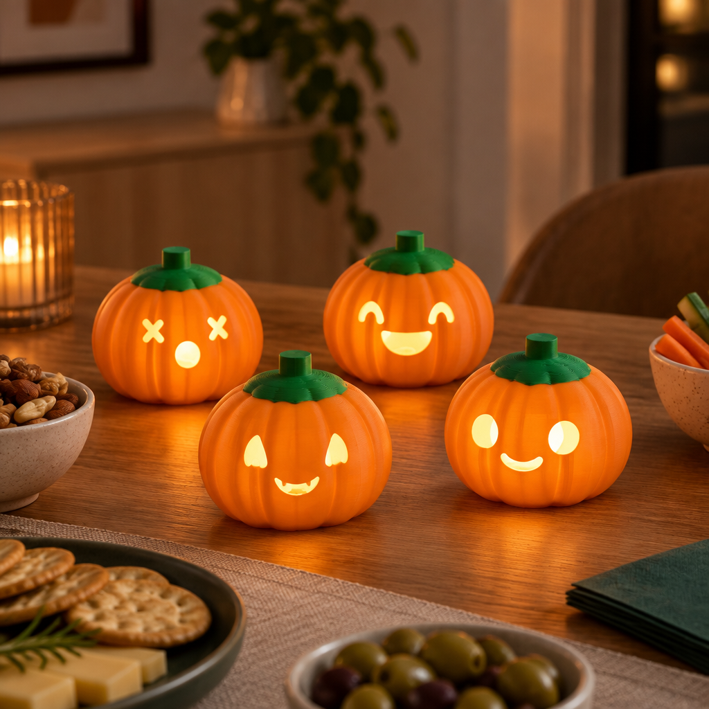 Four pumpkin lanterns at a Halloween party