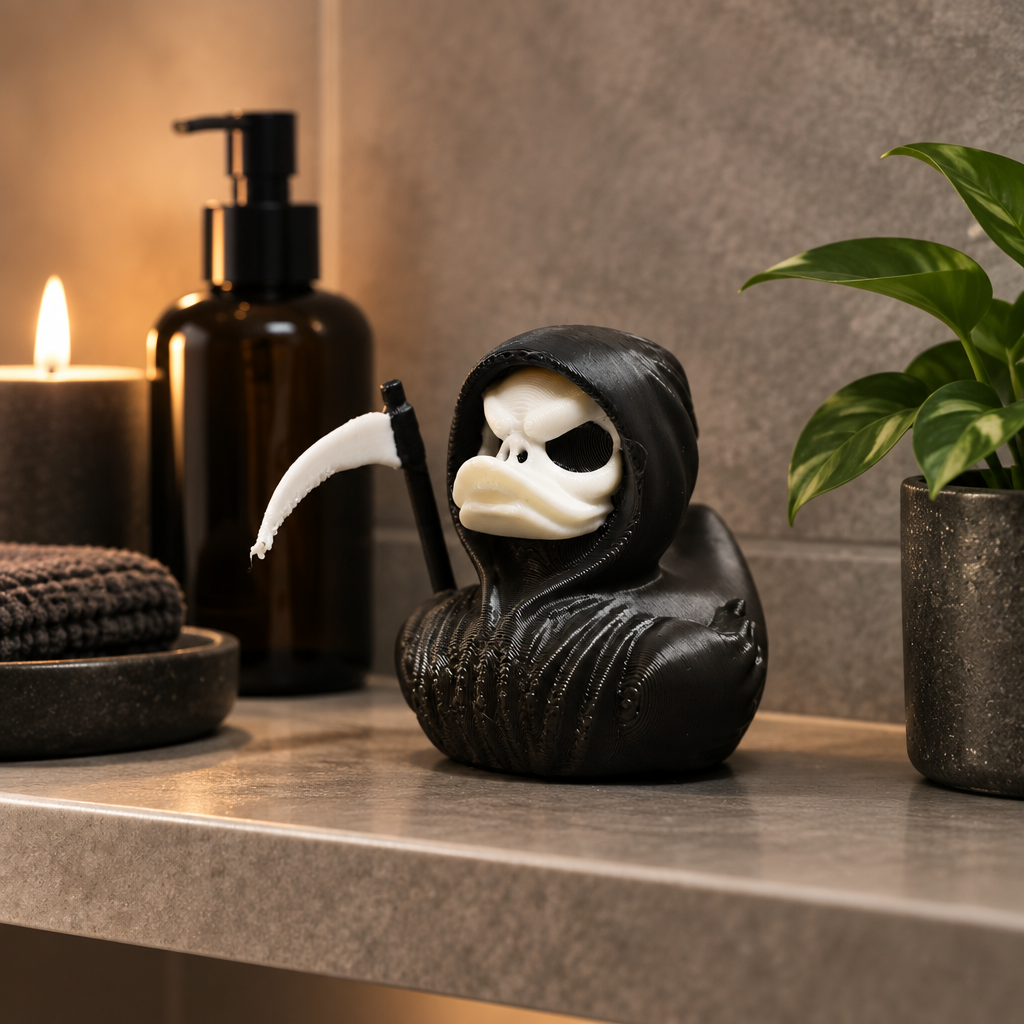 Grim Reaper bath duck styled on a minimalist bathroom shelf