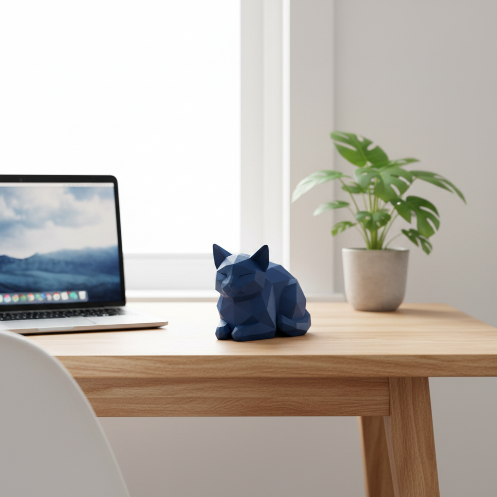 Deep blue Low-Poly Kitten Sculpture on a Japandi home office desk with a laptop and plant