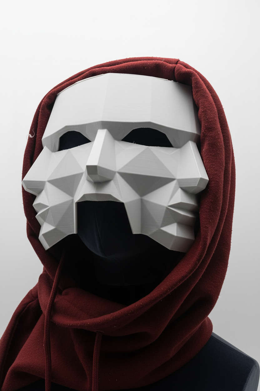 Three Faces of Fear Mask close-up with crimson hood on clean background