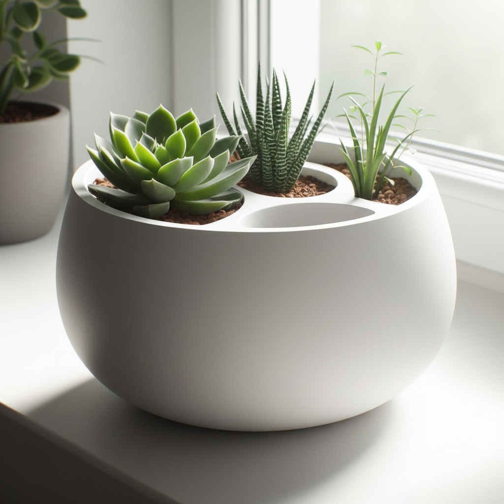 Round Dual-Chamber Self-Watering Plant Pot in white — kitchen windowsill lifestyle