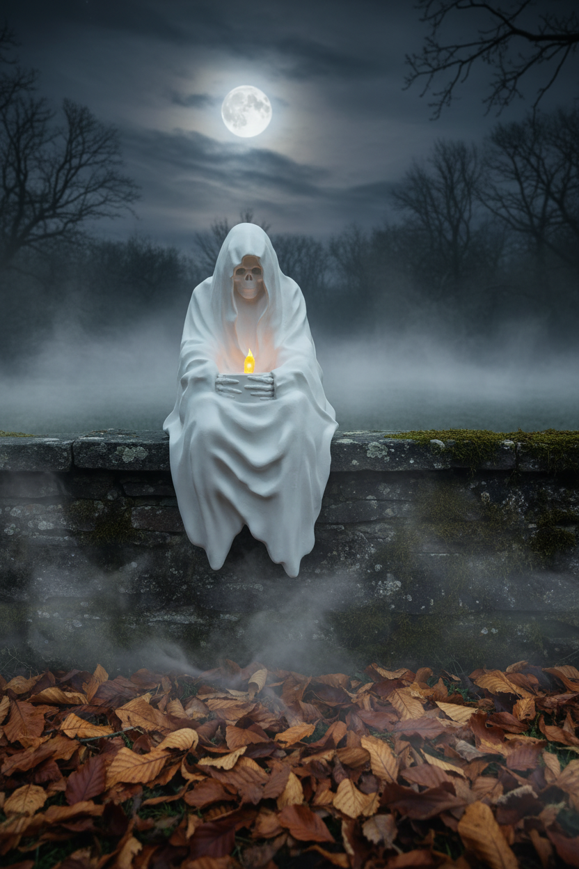 Grim Reaper shelf sitter figurine white matte hooded skull face flowing robes skeletal hands holding glowing candle outdoors night weathered stone wall fallen leaves ground fog moonlit Halloween night scene portrait