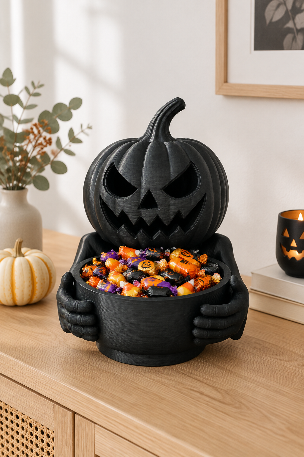Black pumpkin sweet tray on a bright hallway sideboard with wrapped sweets