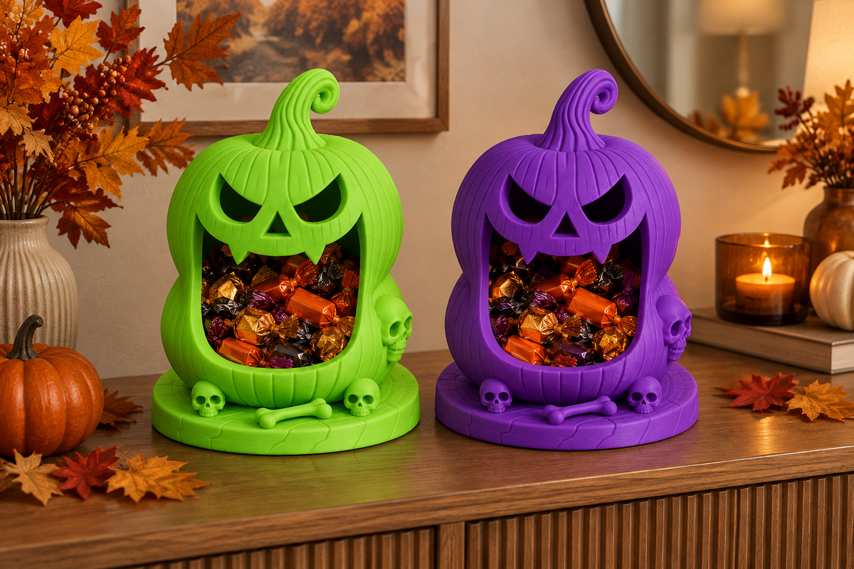 Neon Green and Purple pumpkin sweet holders with carved faces and decorated bases on a kitchen sideboard