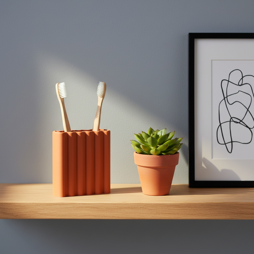 Terracotta ripple toothbrush holder on oak bathroom shelf with succulent terracotta pot and abstract art print lifestyle