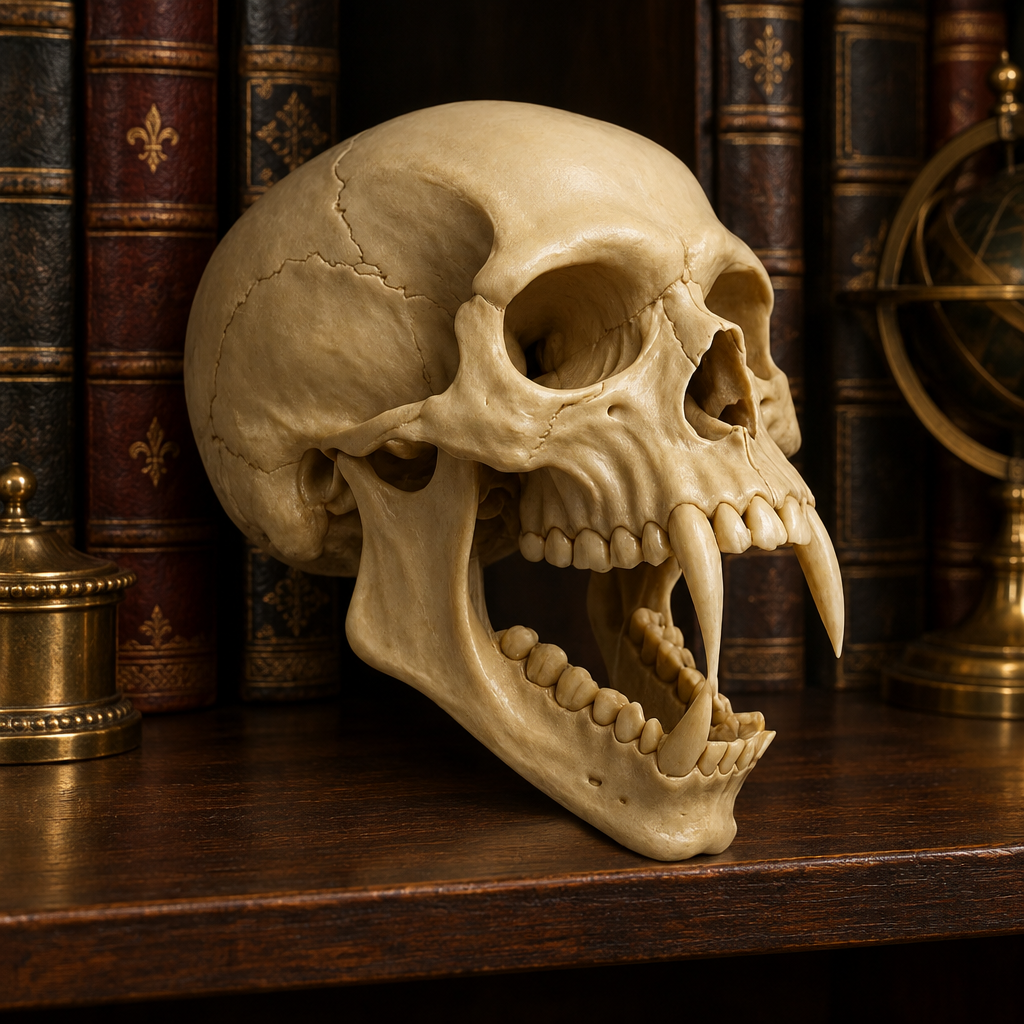 Pale cracked vampire skull with open jaw resting directly on a dark library shelf