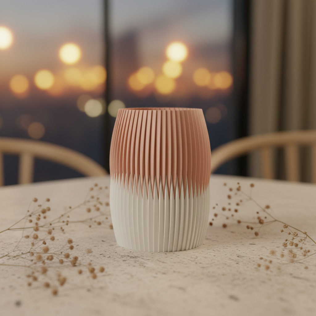 Blush-top fluted vase with a white bottom and dried seed heads