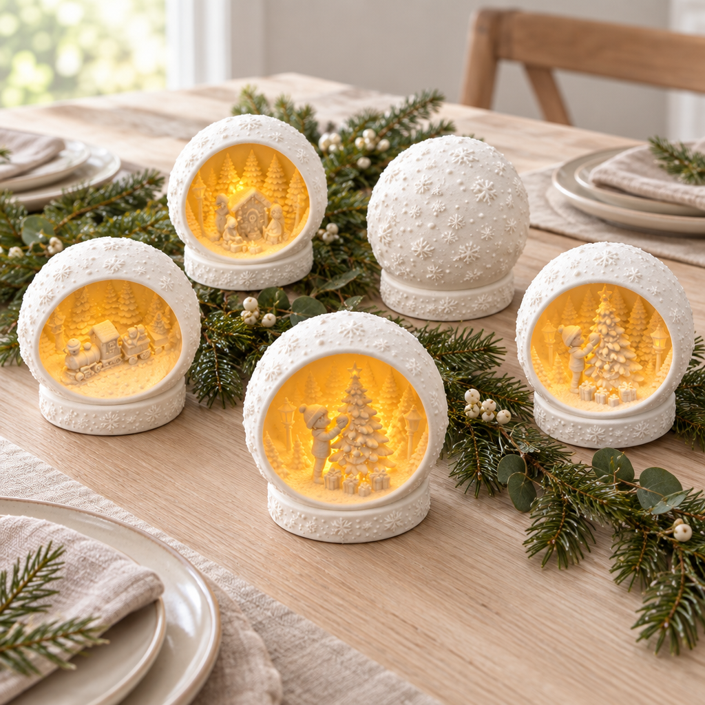 Set of five white winter-scene tealight holders arranged as a Christmas table centrepiece.