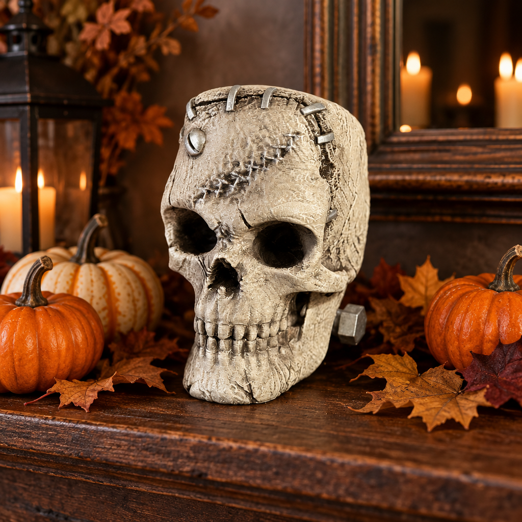 Pale cracked skull with side bolt on a Halloween mantel with pumpkins