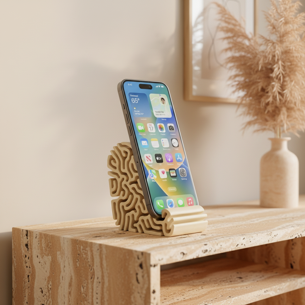 Coral phone stand in beige on travertine with pampas grass – lifestyle