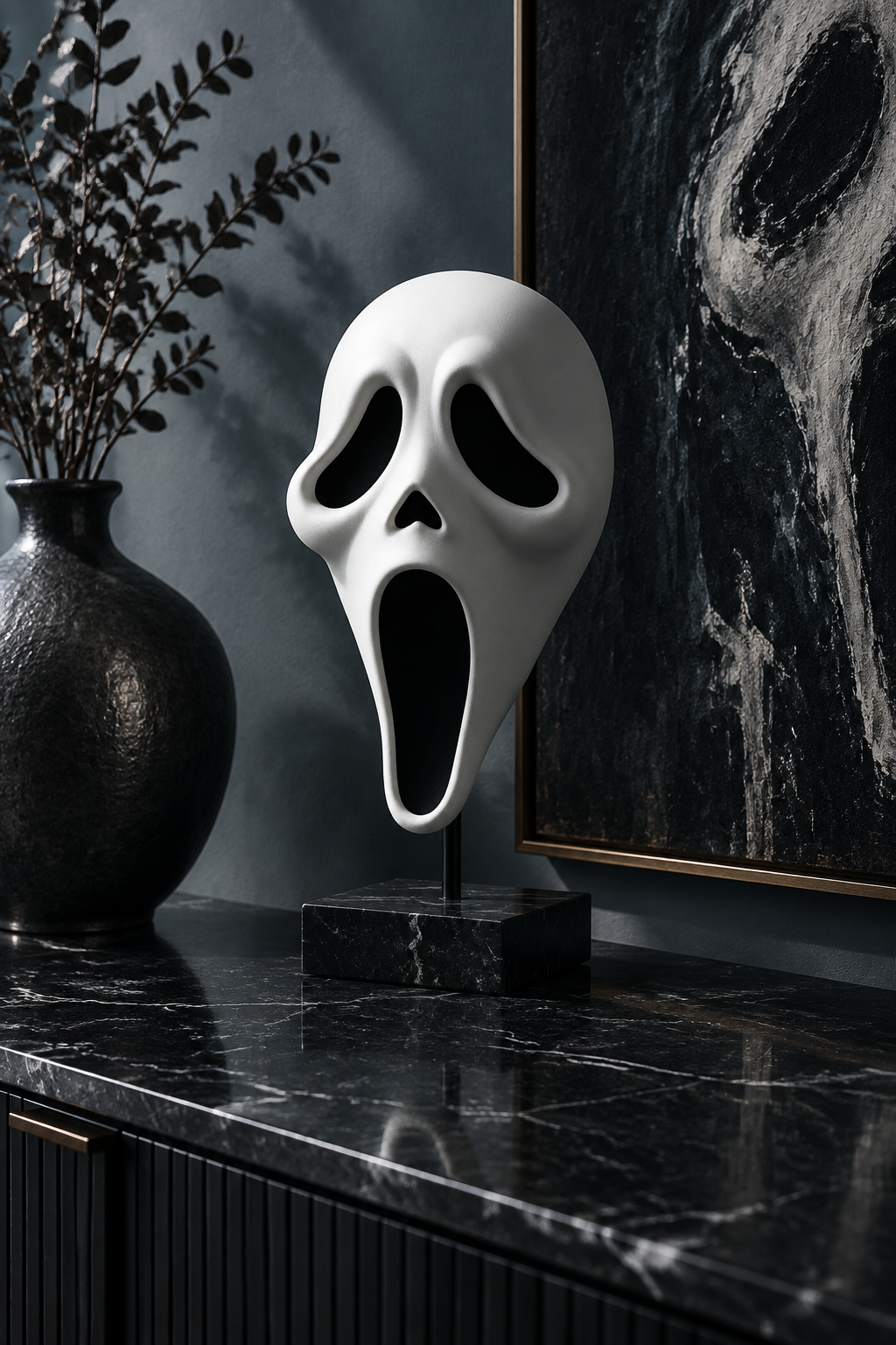 White Ghostface Mask on a black marble sideboard