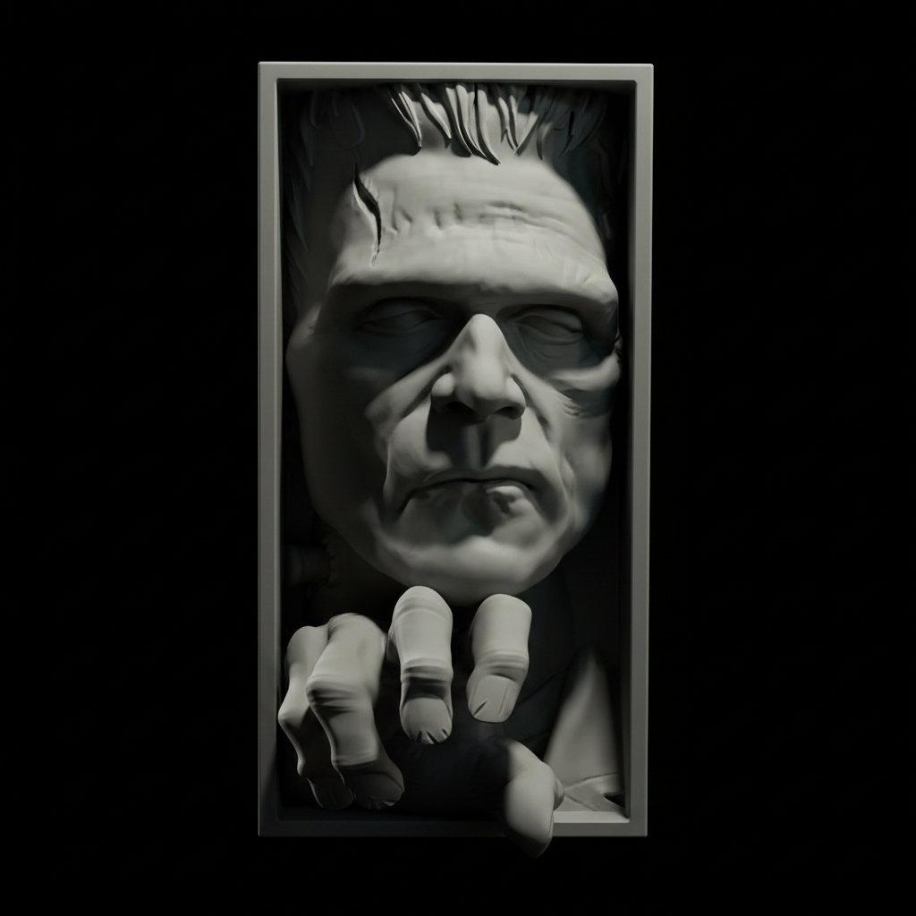 Frankenstein monster relief sculpture grey framed box extreme close up macro front facing deeply modelled face heavy brow furrowed forehead bolt neck hair grasping clawed fingers pure black studio dramatic split raking light sharp precise sculptural shadow detail square editorial