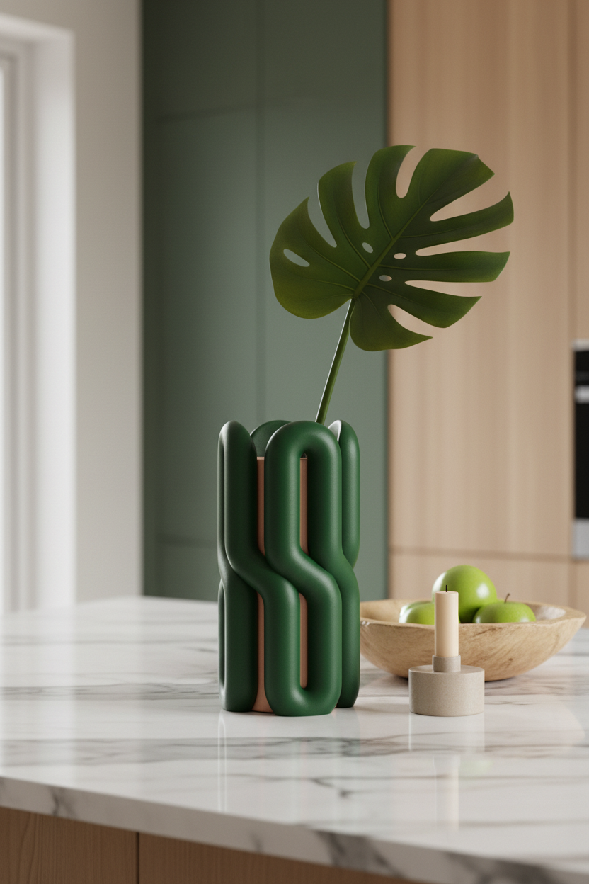 Forest green and beige wibble vase with tropical leaf on marble island - lifestyle